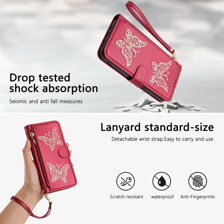 Glitter Butterfly Zipper Vegan Leather Phone Case with Wrist Strap, For Redmi 12C / 11A 4G Global, For Redmi Note 12 Pro+ Global, For Redmi Note 12 Pro 5G Global, For Redmi Note 12 5G Global