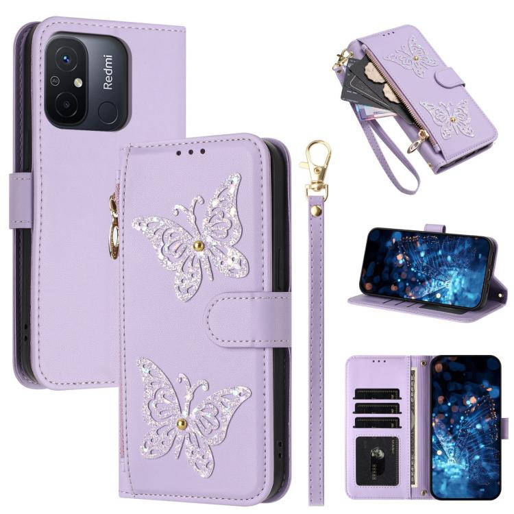 Glitter Butterfly Zipper Vegan Leather Phone Case with Wrist Strap, For Redmi 12C / 11A 4G Global, For Redmi Note 12 Pro+ Global, For Redmi Note 12 Pro 5G Global, For Redmi Note 12 5G Global