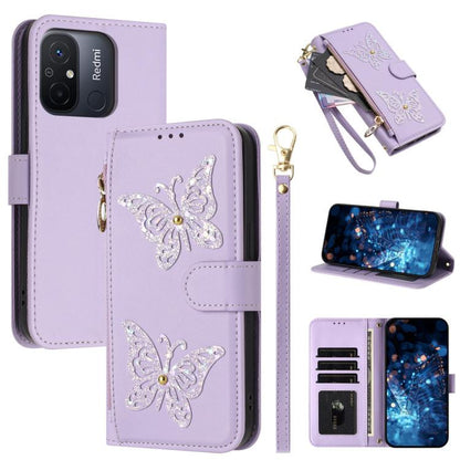 Glitter Butterfly Zipper Vegan Leather Phone Case with Wrist Strap, For Redmi 12C / 11A 4G Global, For Redmi Note 12 Pro+ Global, For Redmi Note 12 Pro 5G Global, For Redmi Note 12 5G Global