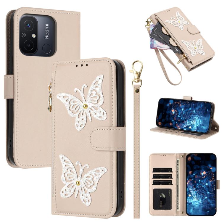 Glitter Butterfly Zipper Vegan Leather Phone Case with Wrist Strap, For Redmi 12C / 11A 4G Global, For Redmi Note 12 Pro+ Global, For Redmi Note 12 Pro 5G Global, For Redmi Note 12 5G Global