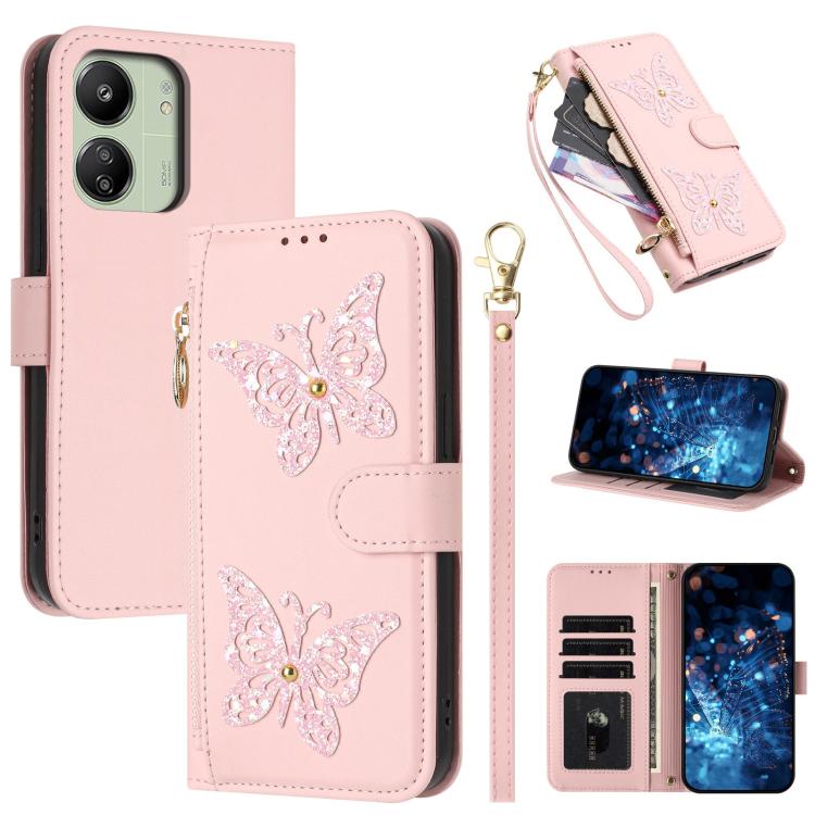 Glitter Butterfly Zipper Vegan Leather Phone Case with Wrist Strap, For Redmi Note 14S 4G Global, For Redmi K80 / K80 Pro, For Redmi Note 14 4G 164.84mm, For Redmi Note 14 Pro 5G, For Redmi Note 14 5G, For Redmi Note 14 Pro 4G Global                   ...