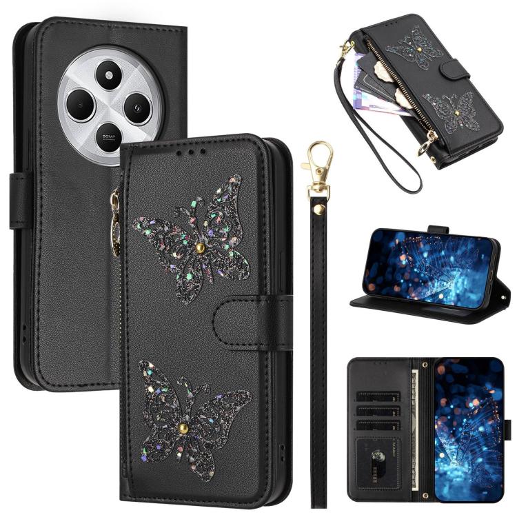 Glitter Butterfly Zipper Vegan Leather Phone Case with Wrist Strap, For Redmi Note 14S 4G Global, For Redmi K80 / K80 Pro, For Redmi Note 14 4G 164.84mm, For Redmi Note 14 Pro 5G, For Redmi Note 14 5G, For Redmi Note 14 Pro 4G Global                   ...