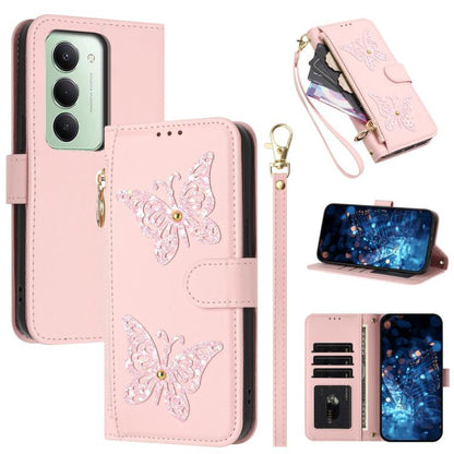 Glitter Butterfly Zipper Vegan Leather Phone Case with Wrist Strap, For Redmi 15a 5G Global, For Redmi Turbo 5 Max / Poco X8 Pro Max, For Redmi Turbo 5 / Poco X8 Pro 5G, For Redmi Note 15 Pro+ 5G Global 163.3mm, For Redmi Note 15 5G / 4G Global 164mm  ...