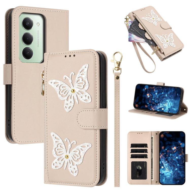 Glitter Butterfly Zipper Vegan Leather Phone Case with Wrist Strap, For Redmi 15a 5G Global, For Redmi Turbo 5 Max / Poco X8 Pro Max, For Redmi Turbo 5 / Poco X8 Pro 5G, For Redmi Note 15 Pro+ 5G Global 163.3mm, For Redmi Note 15 5G / 4G Global 164mm  ...