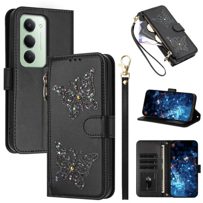 Glitter Butterfly Zipper Vegan Leather Phone Case with Wrist Strap, For Redmi 15a 5G Global, For Redmi Turbo 5 Max / Poco X8 Pro Max, For Redmi Turbo 5 / Poco X8 Pro 5G, For Redmi Note 15 Pro+ 5G Global 163.3mm, For Redmi Note 15 5G / 4G Global 164mm  ...