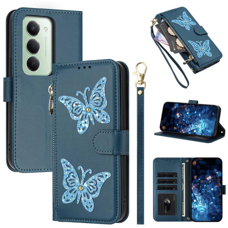 Glitter Butterfly Zipper Vegan Leather Phone Case with Wrist Strap, For Redmi 15a 5G Global, For Redmi Turbo 5 Max / Poco X8 Pro Max, For Redmi Turbo 5 / Poco X8 Pro 5G, For Redmi Note 15 Pro+ 5G Global 163.3mm, For Redmi Note 15 5G / 4G Global 164mm  ...