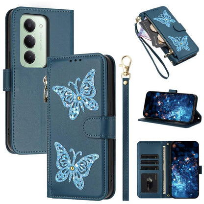 Glitter Butterfly Zipper Vegan Leather Phone Case with Wrist Strap, For Redmi 15a 5G Global, For Redmi Turbo 5 Max / Poco X8 Pro Max, For Redmi Turbo 5 / Poco X8 Pro 5G, For Redmi Note 15 Pro+ 5G Global 163.3mm, For Redmi Note 15 5G / 4G Global 164mm  ...