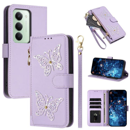 Glitter Butterfly Zipper Vegan Leather Phone Case with Wrist Strap, For Redmi 15a 5G Global, For Redmi Turbo 5 Max / Poco X8 Pro Max, For Redmi Turbo 5 / Poco X8 Pro 5G, For Redmi Note 15 Pro+ 5G Global 163.3mm, For Redmi Note 15 5G / 4G Global 164mm  ...