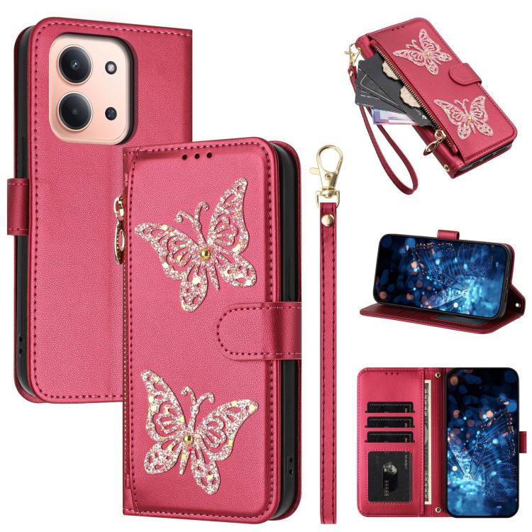 Glitter Butterfly Zipper Vegan Leather Phone Case with Wrist Strap, For Redmi 15a 5G Global, For Redmi Turbo 5 Max / Poco X8 Pro Max, For Redmi Turbo 5 / Poco X8 Pro 5G, For Redmi Note 15 Pro+ 5G Global 163.3mm, For Redmi Note 15 5G / 4G Global 164mm  ...