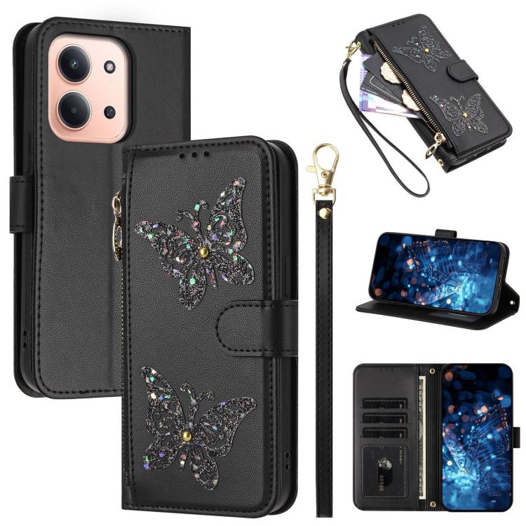 Glitter Butterfly Zipper Vegan Leather Phone Case with Wrist Strap, For Redmi 15a 5G Global, For Redmi Turbo 5 Max / Poco X8 Pro Max, For Redmi Turbo 5 / Poco X8 Pro 5G, For Redmi Note 15 Pro+ 5G Global 163.3mm, For Redmi Note 15 5G / 4G Global 164mm  ...