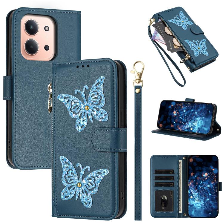 Glitter Butterfly Zipper Vegan Leather Phone Case with Wrist Strap, For Redmi 15a 5G Global, For Redmi Turbo 5 Max / Poco X8 Pro Max, For Redmi Turbo 5 / Poco X8 Pro 5G, For Redmi Note 15 Pro+ 5G Global 163.3mm, For Redmi Note 15 5G / 4G Global 164mm  ...