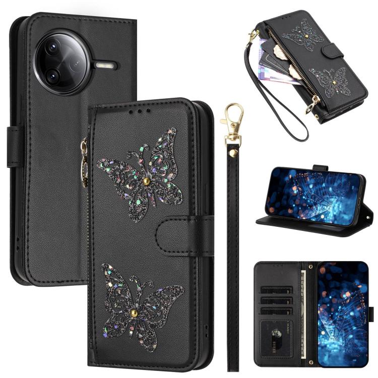 Glitter Butterfly Zipper Vegan Leather Phone Case with Wrist Strap, For Redmi Note 14S 4G Global, For Redmi K80 / K80 Pro, For Redmi Note 14 4G 164.84mm, For Redmi Note 14 Pro 5G, For Redmi Note 14 5G, For Redmi Note 14 Pro 4G Global                   ...