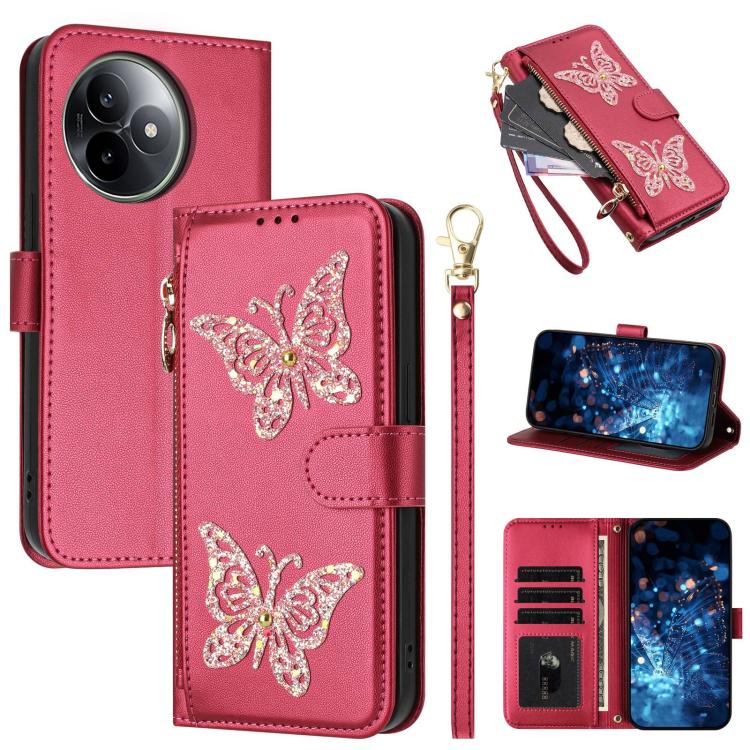 Glitter Butterfly Zipper Vegan Leather Phone Case with Wrist Strap, For Redmi 15a 5G Global, For Redmi Turbo 5 Max / Poco X8 Pro Max, For Redmi Turbo 5 / Poco X8 Pro 5G, For Redmi Note 15 Pro+ 5G Global 163.3mm, For Redmi Note 15 5G / 4G Global 164mm  ...