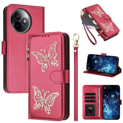 Glitter Butterfly Zipper Vegan Leather Phone Case with Wrist Strap, For Redmi 15a 5G Global, For Redmi Turbo 5 Max / Poco X8 Pro Max, For Redmi Turbo 5 / Poco X8 Pro 5G, For Redmi Note 15 Pro+ 5G Global 163.3mm, For Redmi Note 15 5G / 4G Global 164mm  ...