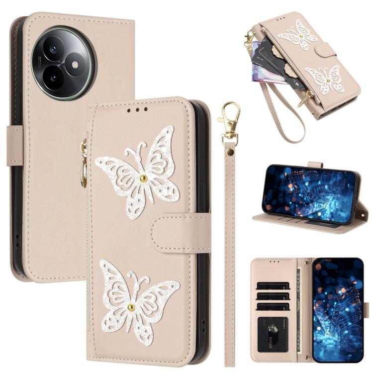 Glitter Butterfly Zipper Vegan Leather Phone Case with Wrist Strap, For Redmi 15a 5G Global, For Redmi Turbo 5 Max / Poco X8 Pro Max, For Redmi Turbo 5 / Poco X8 Pro 5G, For Redmi Note 15 Pro+ 5G Global 163.3mm, For Redmi Note 15 5G / 4G Global 164mm  ...