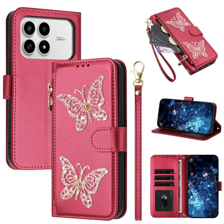 Glitter Butterfly Zipper Vegan Leather Phone Case with Wrist Strap, For Redmi 15a 5G Global, For Redmi Turbo 5 Max / Poco X8 Pro Max, For Redmi Turbo 5 / Poco X8 Pro 5G, For Redmi Note 15 Pro+ 5G Global 163.3mm, For Redmi Note 15 5G / 4G Global 164mm  ...