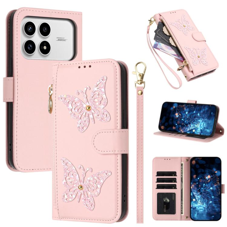 Glitter Butterfly Zipper Vegan Leather Phone Case with Wrist Strap, For Redmi 15a 5G Global, For Redmi Turbo 5 Max / Poco X8 Pro Max, For Redmi Turbo 5 / Poco X8 Pro 5G, For Redmi Note 15 Pro+ 5G Global 163.3mm, For Redmi Note 15 5G / 4G Global 164mm  ...