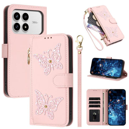 Glitter Butterfly Zipper Vegan Leather Phone Case with Wrist Strap, For Redmi 15a 5G Global, For Redmi Turbo 5 Max / Poco X8 Pro Max, For Redmi Turbo 5 / Poco X8 Pro 5G, For Redmi Note 15 Pro+ 5G Global 163.3mm, For Redmi Note 15 5G / 4G Global 164mm  ...