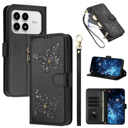 Glitter Butterfly Zipper Vegan Leather Phone Case with Wrist Strap, For Redmi 15a 5G Global, For Redmi Turbo 5 Max / Poco X8 Pro Max, For Redmi Turbo 5 / Poco X8 Pro 5G, For Redmi Note 15 Pro+ 5G Global 163.3mm, For Redmi Note 15 5G / 4G Global 164mm  ...