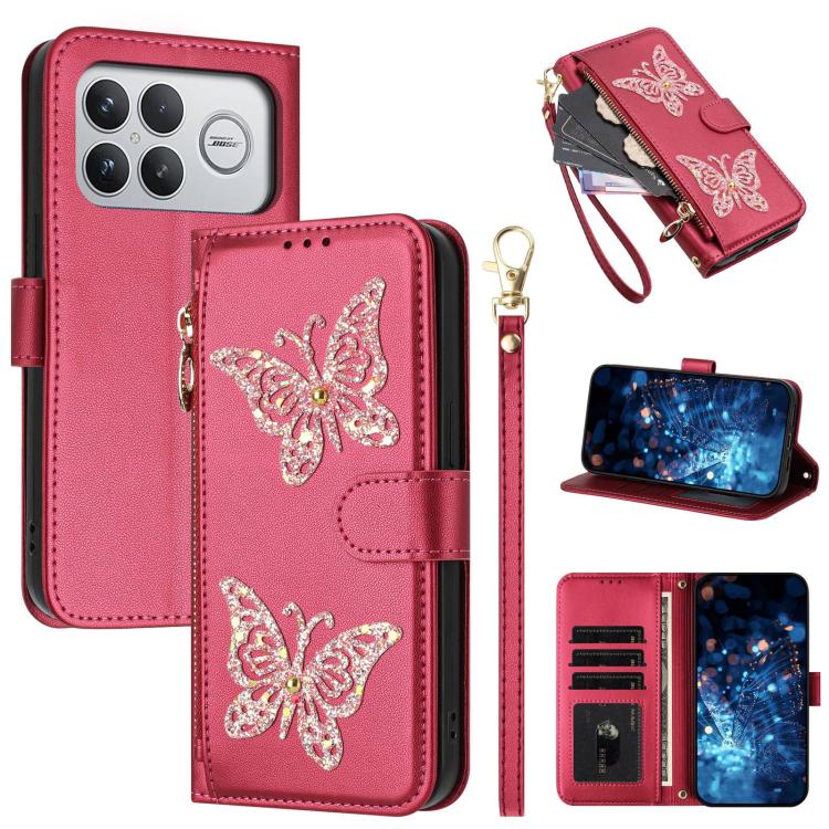 Glitter Butterfly Zipper Vegan Leather Phone Case with Wrist Strap, For Redmi 15a 5G Global, For Redmi Turbo 5 Max / Poco X8 Pro Max, For Redmi Turbo 5 / Poco X8 Pro 5G, For Redmi Note 15 Pro+ 5G Global 163.3mm, For Redmi Note 15 5G / 4G Global 164mm  ...