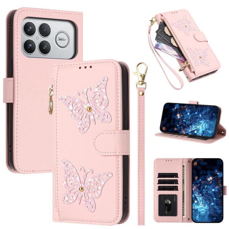 Glitter Butterfly Zipper Vegan Leather Phone Case with Wrist Strap, For Redmi 15a 5G Global, For Redmi Turbo 5 Max / Poco X8 Pro Max, For Redmi Turbo 5 / Poco X8 Pro 5G, For Redmi Note 15 Pro+ 5G Global 163.3mm, For Redmi Note 15 5G / 4G Global 164mm  ...