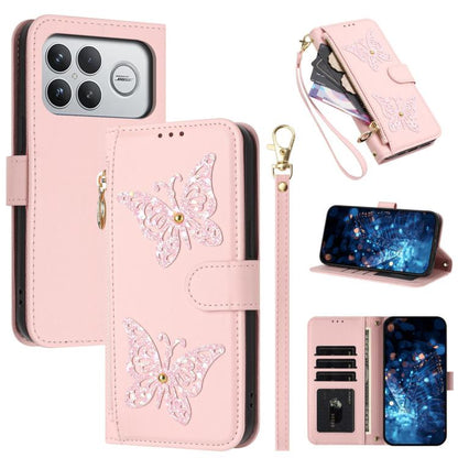 Glitter Butterfly Zipper Vegan Leather Phone Case with Wrist Strap, For Redmi 15a 5G Global, For Redmi Turbo 5 Max / Poco X8 Pro Max, For Redmi Turbo 5 / Poco X8 Pro 5G, For Redmi Note 15 Pro+ 5G Global 163.3mm, For Redmi Note 15 5G / 4G Global 164mm  ...