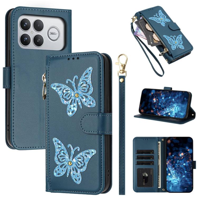 Glitter Butterfly Zipper Vegan Leather Phone Case with Wrist Strap, For Redmi 15a 5G Global, For Redmi Turbo 5 Max / Poco X8 Pro Max, For Redmi Turbo 5 / Poco X8 Pro 5G, For Redmi Note 15 Pro+ 5G Global 163.3mm, For Redmi Note 15 5G / 4G Global 164mm  ...
