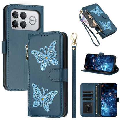 Glitter Butterfly Zipper Vegan Leather Phone Case with Wrist Strap, For Redmi 15a 5G Global, For Redmi Turbo 5 Max / Poco X8 Pro Max, For Redmi Turbo 5 / Poco X8 Pro 5G, For Redmi Note 15 Pro+ 5G Global 163.3mm, For Redmi Note 15 5G / 4G Global 164mm  ...