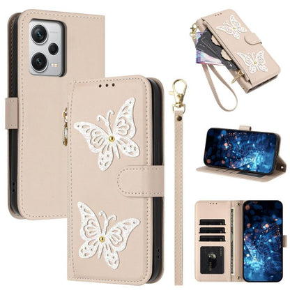 Glitter Butterfly Zipper Vegan Leather Phone Case with Wrist Strap, For Redmi 12C / 11A 4G Global, For Redmi Note 12 Pro+ Global, For Redmi Note 12 Pro 5G Global, For Redmi Note 12 5G Global