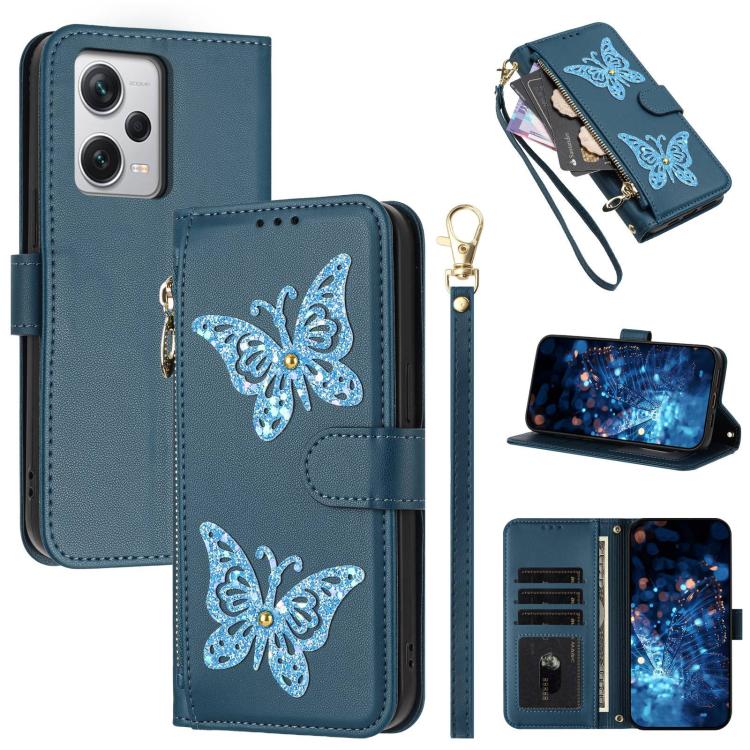 Glitter Butterfly Zipper Vegan Leather Phone Case with Wrist Strap, For Redmi 12C / 11A 4G Global, For Redmi Note 12 Pro+ Global, For Redmi Note 12 Pro 5G Global, For Redmi Note 12 5G Global