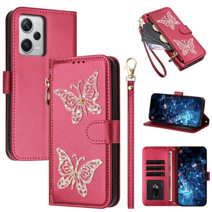 Glitter Butterfly Zipper Vegan Leather Phone Case with Wrist Strap, For Redmi 12C / 11A 4G Global, For Redmi Note 12 Pro+ Global, For Redmi Note 12 Pro 5G Global, For Redmi Note 12 5G Global