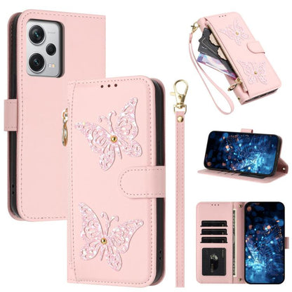 Glitter Butterfly Zipper Vegan Leather Phone Case with Wrist Strap, For Redmi 12C / 11A 4G Global, For Redmi Note 12 Pro+ Global, For Redmi Note 12 Pro 5G Global, For Redmi Note 12 5G Global
