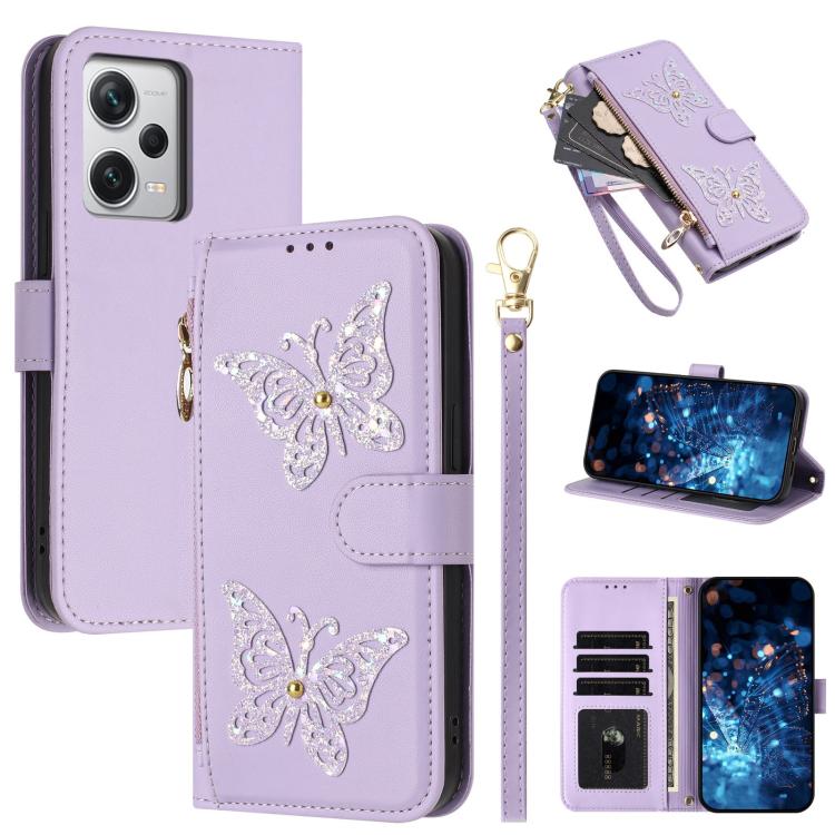 Glitter Butterfly Zipper Vegan Leather Phone Case with Wrist Strap, For Redmi 12C / 11A 4G Global, For Redmi Note 12 Pro+ Global, For Redmi Note 12 Pro 5G Global, For Redmi Note 12 5G Global