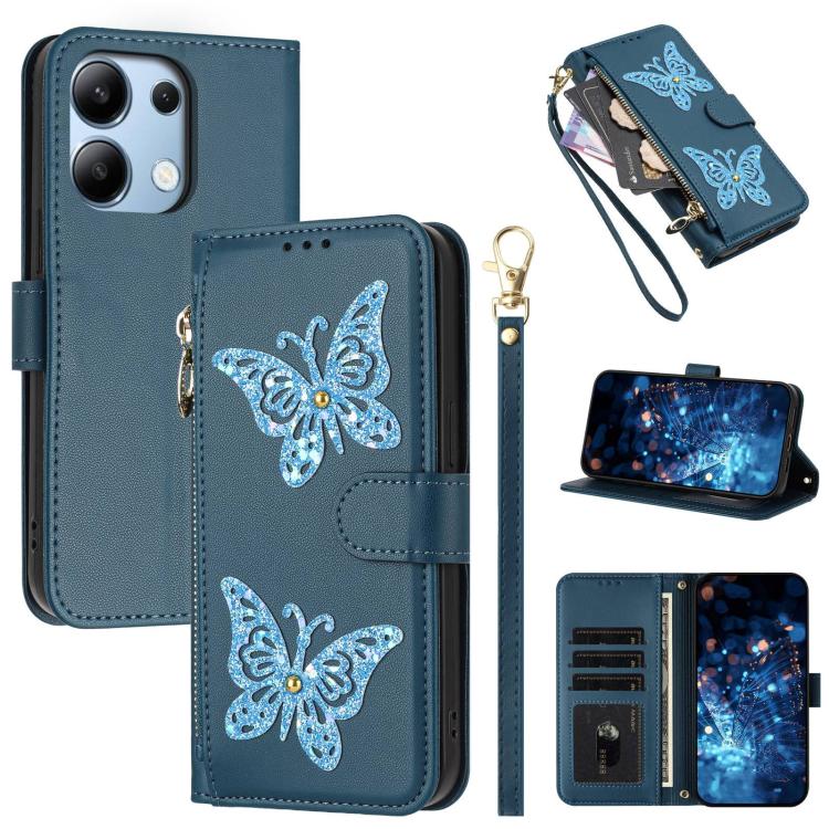 Glitter Butterfly Zipper Vegan Leather Phone Case with Wrist Strap, For Redmi Note 14S 4G Global, For Redmi K80 / K80 Pro, For Redmi Note 14 4G 164.84mm, For Redmi Note 14 Pro 5G, For Redmi Note 14 5G, For Redmi Note 14 Pro 4G Global                   ...