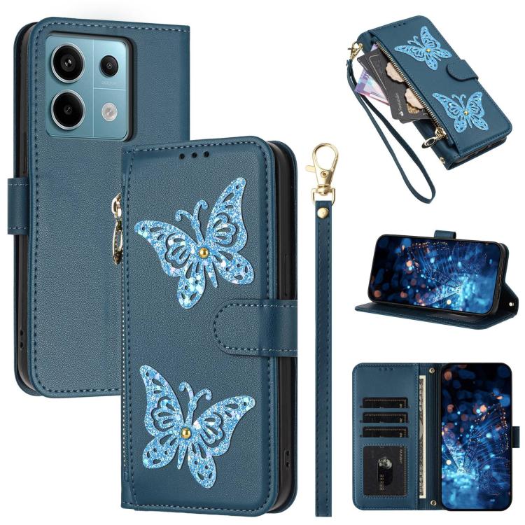 Glitter Butterfly Zipper Vegan Leather Phone Case with Wrist Strap, For Redmi Note 14S 4G Global, For Redmi K80 / K80 Pro, For Redmi Note 14 4G 164.84mm, For Redmi Note 14 Pro 5G, For Redmi Note 14 5G, For Redmi Note 14 Pro 4G Global                   ...