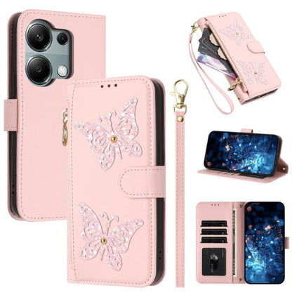 Glitter Butterfly Zipper Vegan Leather Phone Case with Wrist Strap, For Redmi 15a 5G Global, For Redmi Turbo 5 Max / Poco X8 Pro Max, For Redmi Turbo 5 / Poco X8 Pro 5G, For Redmi Note 15 Pro+ 5G Global 163.3mm, For Redmi Note 15 5G / 4G Global 164mm  ...
