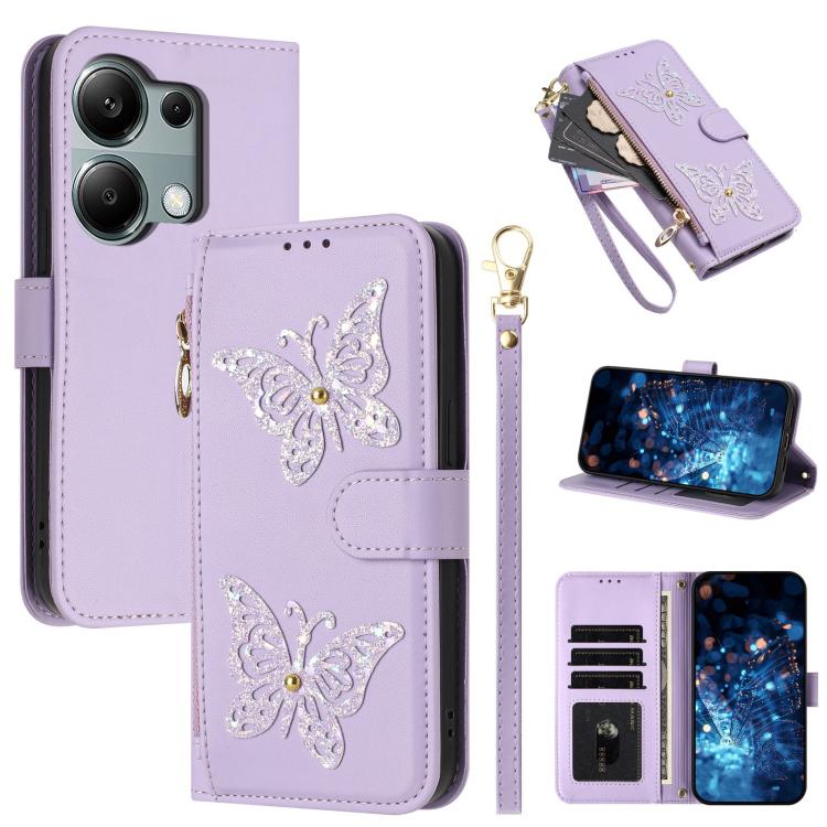 Glitter Butterfly Zipper Vegan Leather Phone Case with Wrist Strap, For Redmi 15a 5G Global, For Redmi Turbo 5 Max / Poco X8 Pro Max, For Redmi Turbo 5 / Poco X8 Pro 5G, For Redmi Note 15 Pro+ 5G Global 163.3mm, For Redmi Note 15 5G / 4G Global 164mm  ...