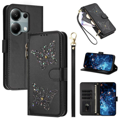 Glitter Butterfly Zipper Vegan Leather Phone Case with Wrist Strap, For Redmi 15a 5G Global, For Redmi Turbo 5 Max / Poco X8 Pro Max, For Redmi Turbo 5 / Poco X8 Pro 5G, For Redmi Note 15 Pro+ 5G Global 163.3mm, For Redmi Note 15 5G / 4G Global 164mm  ...