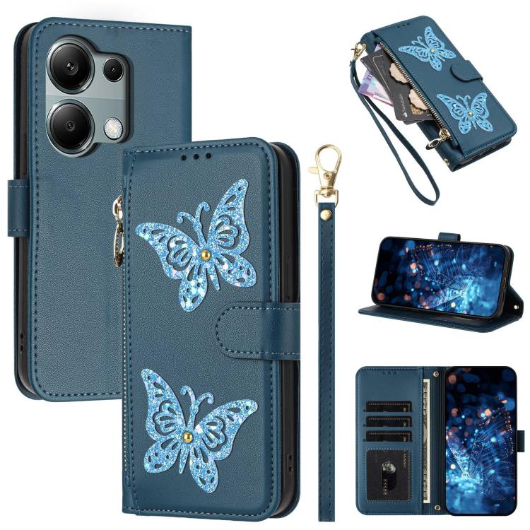 Glitter Butterfly Zipper Vegan Leather Phone Case with Wrist Strap, For Redmi 15a 5G Global, For Redmi Turbo 5 Max / Poco X8 Pro Max, For Redmi Turbo 5 / Poco X8 Pro 5G, For Redmi Note 15 Pro+ 5G Global 163.3mm, For Redmi Note 15 5G / 4G Global 164mm  ...