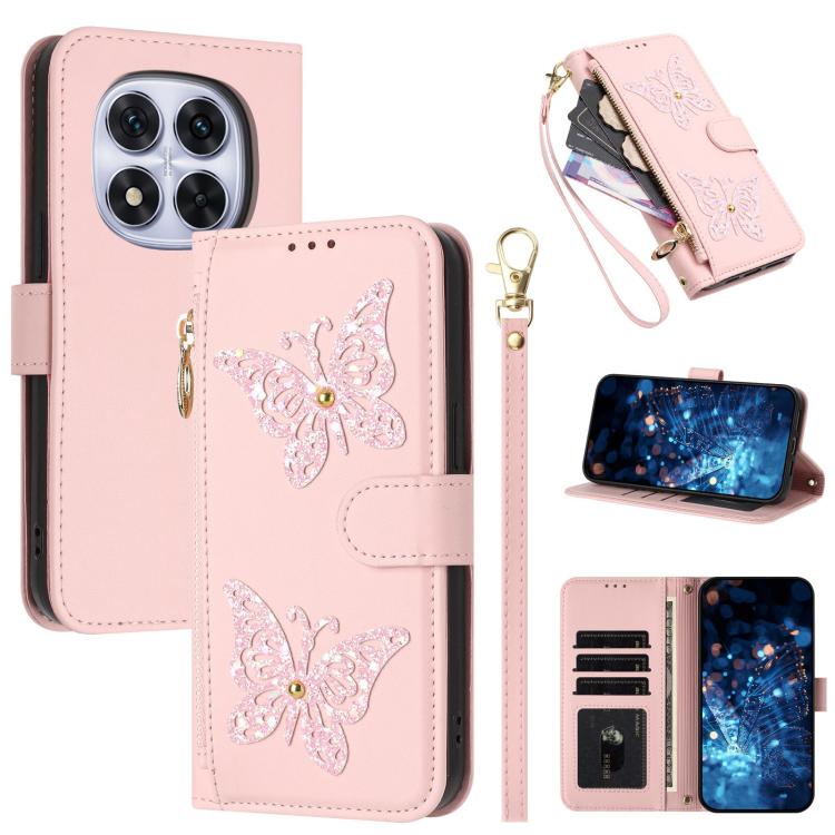 Glitter Butterfly Zipper Vegan Leather Phone Case with Wrist Strap, For Redmi Note 14S 4G Global, For Redmi K80 / K80 Pro, For Redmi Note 14 4G 164.84mm, For Redmi Note 14 Pro 5G, For Redmi Note 14 5G, For Redmi Note 14 Pro 4G Global                   ...