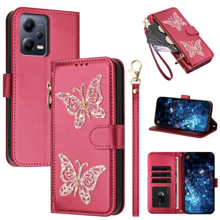 Glitter Butterfly Zipper Vegan Leather Phone Case with Wrist Strap, For Redmi 12C / 11A 4G Global, For Redmi Note 12 Pro+ Global, For Redmi Note 12 Pro 5G Global, For Redmi Note 12 5G Global