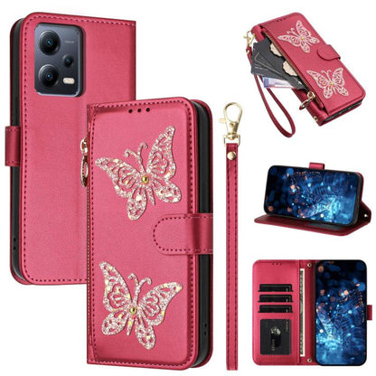 Glitter Butterfly Zipper Vegan Leather Phone Case with Wrist Strap, For Redmi 12C / 11A 4G Global, For Redmi Note 12 Pro+ Global, For Redmi Note 12 Pro 5G Global, For Redmi Note 12 5G Global