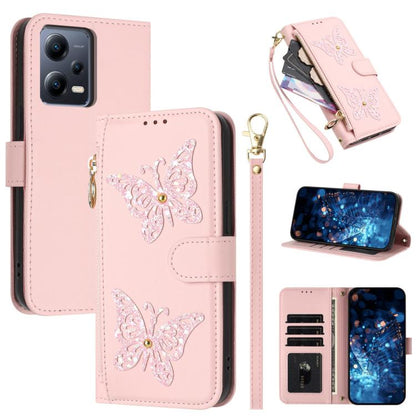 Glitter Butterfly Zipper Vegan Leather Phone Case with Wrist Strap, For Redmi 12C / 11A 4G Global, For Redmi Note 12 Pro+ Global, For Redmi Note 12 Pro 5G Global, For Redmi Note 12 5G Global