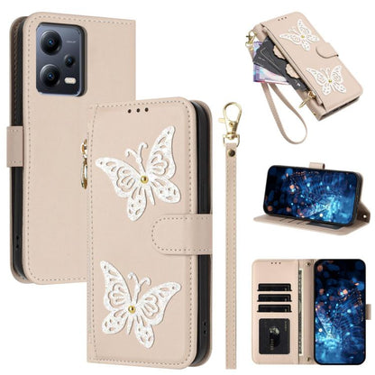 Glitter Butterfly Zipper Vegan Leather Phone Case with Wrist Strap, For Redmi 12C / 11A 4G Global, For Redmi Note 12 Pro+ Global, For Redmi Note 12 Pro 5G Global, For Redmi Note 12 5G Global