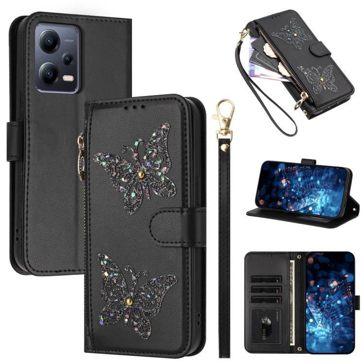 Glitter Butterfly Zipper Vegan Leather Phone Case with Wrist Strap, For Redmi 12C / 11A 4G Global, For Redmi Note 12 Pro+ Global, For Redmi Note 12 Pro 5G Global, For Redmi Note 12 5G Global