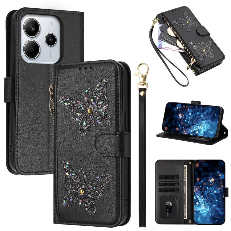 Glitter Butterfly Zipper Vegan Leather Phone Case with Wrist Strap, For Redmi Note 14S 4G Global, For Redmi K80 / K80 Pro, For Redmi Note 14 4G 164.84mm, For Redmi Note 14 Pro 5G, For Redmi Note 14 5G, For Redmi Note 14 Pro 4G Global                   ...