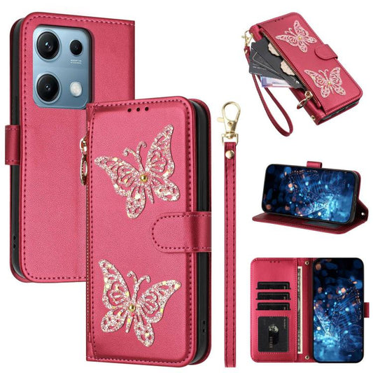 Glitter Butterfly Zipper Vegan Leather Phone Case with Wrist Strap, For Redmi Note 14S 4G Global, For Redmi K80 / K80 Pro, For Redmi Note 14 4G 164.84mm, For Redmi Note 14 Pro 5G, For Redmi Note 14 5G, For Redmi Note 14 Pro 4G Global