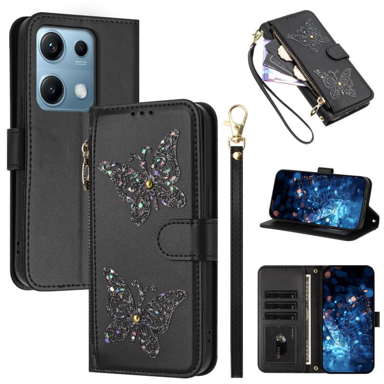 Glitter Butterfly Zipper Vegan Leather Phone Case with Wrist Strap, For Redmi Note 14S 4G Global, For Redmi K80 / K80 Pro, For Redmi Note 14 4G 164.84mm, For Redmi Note 14 Pro 5G, For Redmi Note 14 5G, For Redmi Note 14 Pro 4G Global                   ...