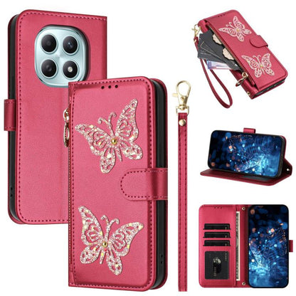 Glitter Butterfly Zipper Vegan Leather Phone Case with Wrist Strap, For Redmi 15a 5G Global, For Redmi Turbo 5 Max / Poco X8 Pro Max, For Redmi Turbo 5 / Poco X8 Pro 5G, For Redmi Note 15 Pro+ 5G Global 163.3mm, For Redmi Note 15 5G / 4G Global 164mm  ...