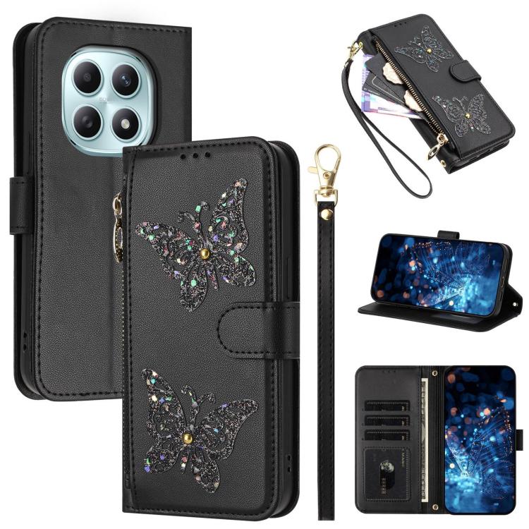 Glitter Butterfly Zipper Vegan Leather Phone Case with Wrist Strap, For Redmi 15a 5G Global, For Redmi Turbo 5 Max / Poco X8 Pro Max, For Redmi Turbo 5 / Poco X8 Pro 5G, For Redmi Note 15 Pro+ 5G Global 163.3mm, For Redmi Note 15 5G / 4G Global 164mm  ...